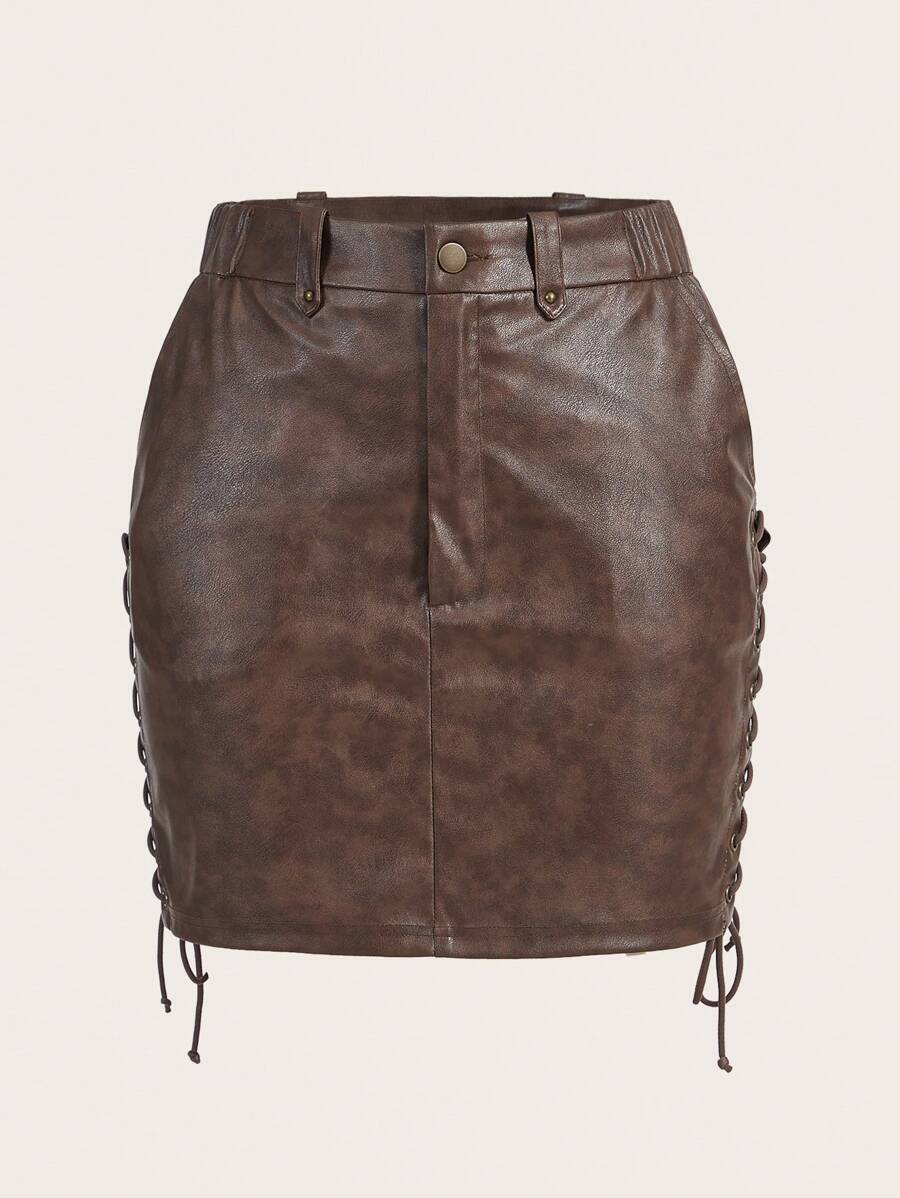 SHEIN EZwear Women'S Vintage Washed Faded Tie Belted Skirt - Brown - View 1