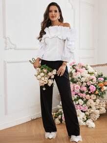 SHEIN Privé 情人節女裝誇張荷葉邊襯衫 - 白色 - 查看 5