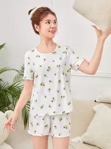 SHEIN Conjunto De Ropa De Hogar Para Adolescentes De Niñas, Camiseta Y Shorts Con Volantes Y Patrón De Aguacate Tejido Acanalado - Multicolor - Ver 4