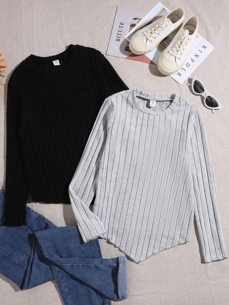 SHEIN Girls' Ribbed Knit Solid Color Multi-Piece T-Shirt - Multicolor - View 1