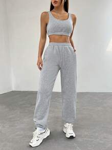SHEIN EZwear 女款純色短背心和連身褲套裝 - 灰色 - 查看 1