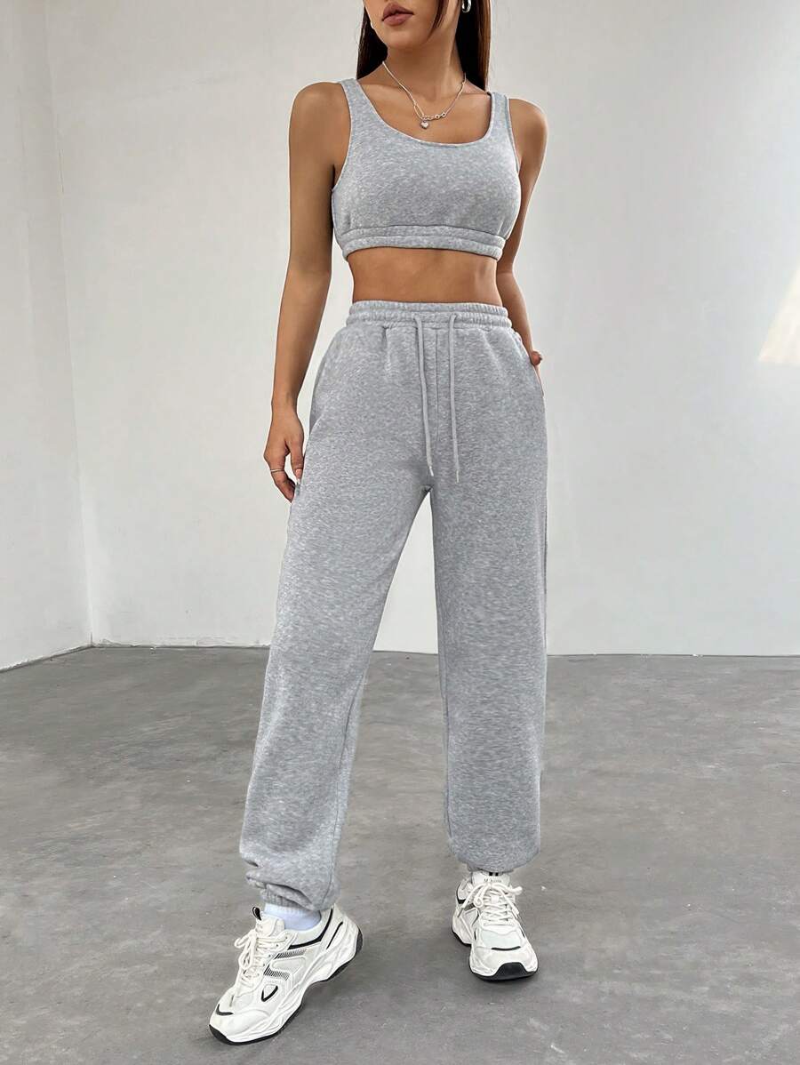 SHEIN EZwear 女款純色短背心和連身褲套裝 - 灰色 - 查看 1