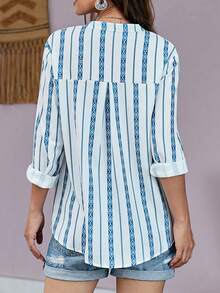 女用條紋長袖襯衫 - 藍色 - 查看 2