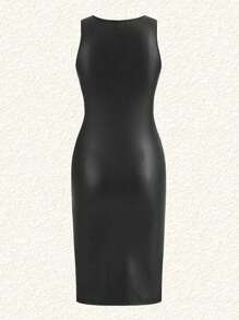 SHEIN EZwear Kích thước lớn Của phụ nữ Không tay Co giãn chất liệu da PU Đầm - màu đen - Xem 2