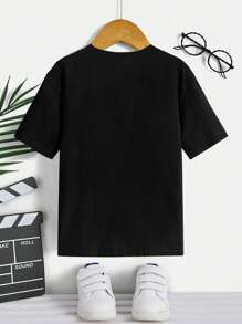 SHEIN Tween Boy Valentine's Day Heart Print Round Neck Short Sleeve T-Shirt, Family Matching Mommy And Me (Sold Separately) - Black - View 2