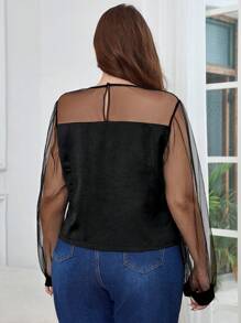 SHEIN Privé Plus Size Mesh Contrast Shirt - Black - View 2