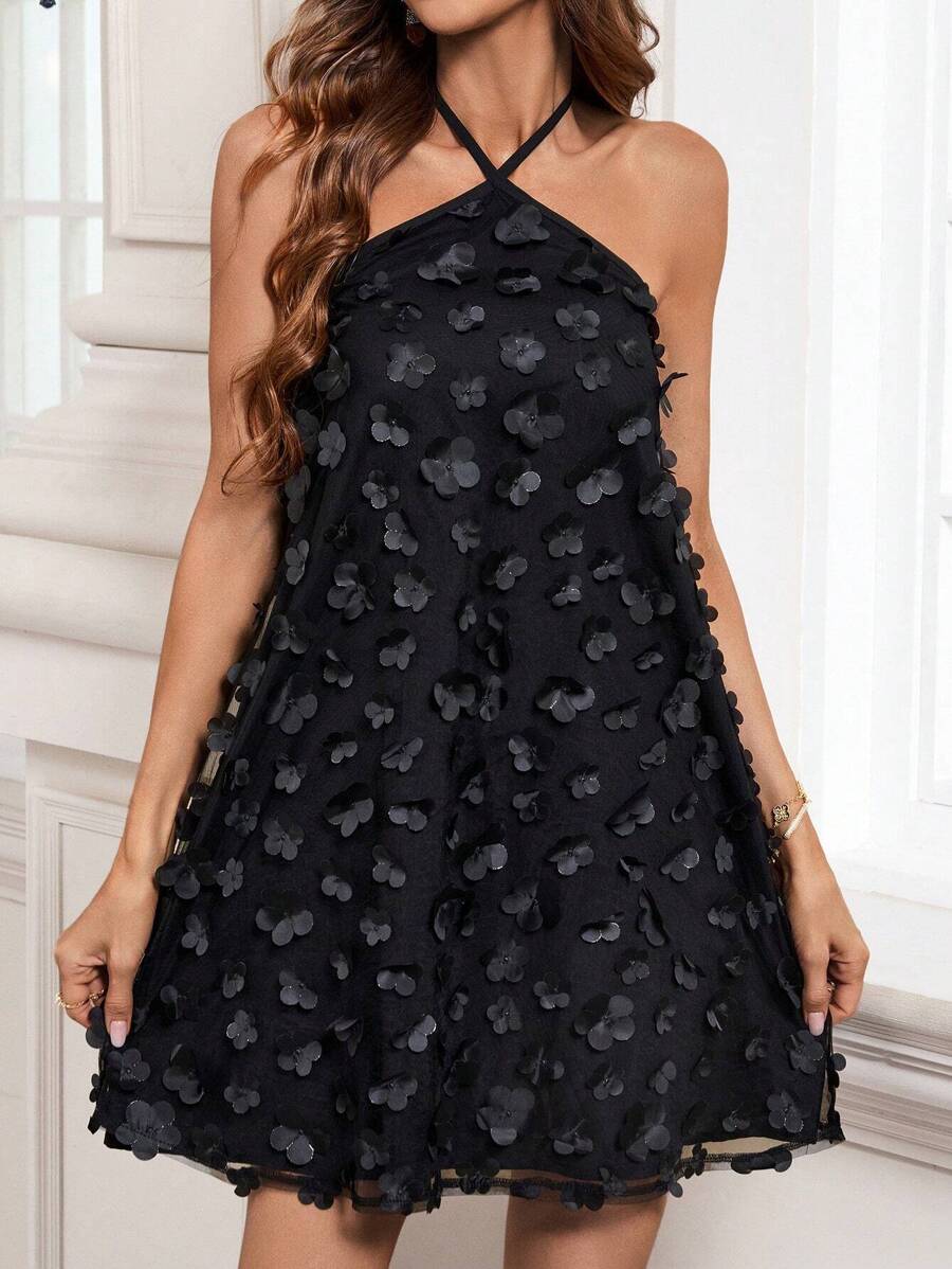 SHEIN Clasi 女式 3d 花朵貼花掛脖連身裙