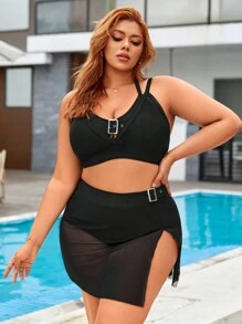 SHEIN Swim Curve 夏季大码带扣带边纯色比基尼套装 - 黑色 - 查看 6