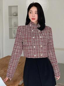 Dazy Designer 女士雙排扣格紋外套 - 紅色 - 查看 4