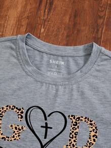SHEIN EZwear Đồ họa Leopard Ngắn tay - Màu Xám nhạt - Xem 3