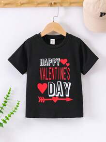 Young Boy Valentine's Day Love Slogan Print Round Neck T-Shirt - Black - View 3