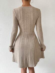 SHEIN Essnce 女修身羅紋長袖連身裙 - 灰色 - 查看 2