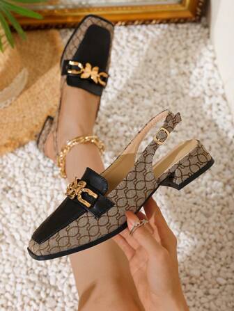 Autumn And Winter New Arrival Square Toe Backless Loafers With Metallic Chain For Women, The Same Style As The One Sold In Department Store