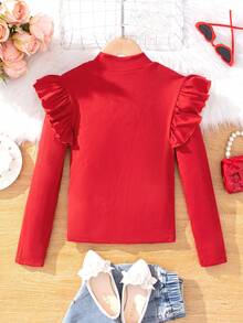SHEIN Áo thun dệt kim màu trơn cổ đứng tay lửng dáng ôm thường ngày cho bé gái tuổi mới lớn - Đỏ - Xem 2