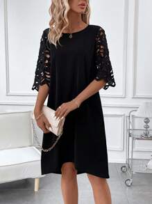 SHEIN Clasi Women'S Solid Color Hollow Out Sleeve Dress - Black - View 1