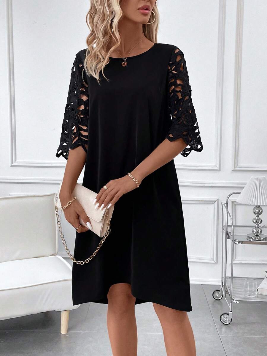 SHEIN Clasi Women'S Solid Color Hollow Out Sleeve Dress - Black - View 1