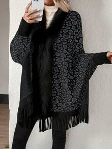 SHEIN LUNE 女款豹紋拼接開衫毛衣,開襟設計 - 黑色 - 查看 6