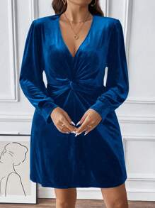 SHEIN Franclia 女性加大尺寸v領扭結連衣裙 - 藍色 - 查看 4