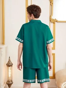 SHEIN Set de cămașă și pantaloni scurți cu mânecă scurtă, cu imprimeu geometric, pentru adolescenți, potrivit pentru vară