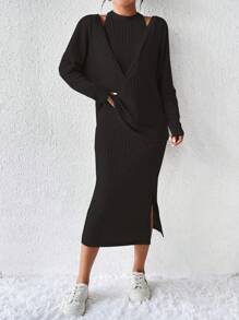 Chiquease Hollow Out Detail 2 In 1 Set With Crop Top And Skirt Fall Cloth For Women - Black - View 6