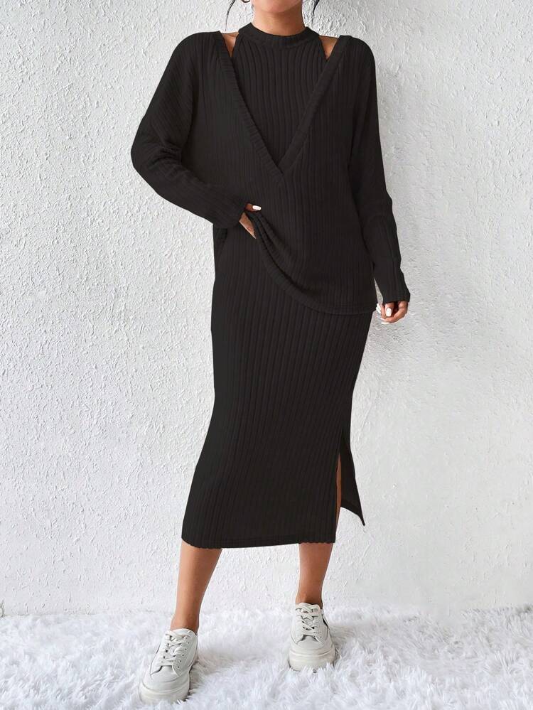 Hollow Out Detail 2 In 1 Set With Crop Top And Skirt Fall Cloth For Women