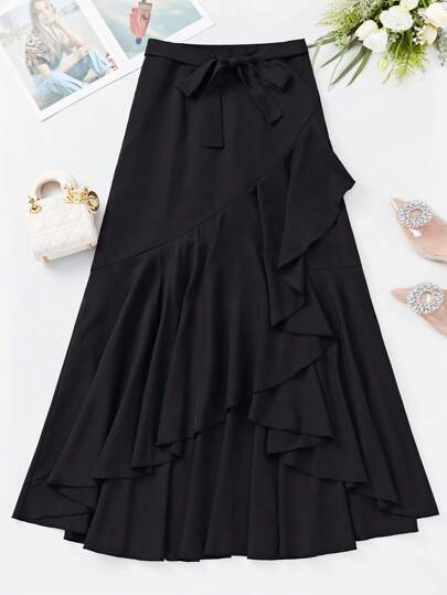 GlowEve Women's Solid Color Asymmetrical Skirt With Ruffle Hemline And Tie Waist