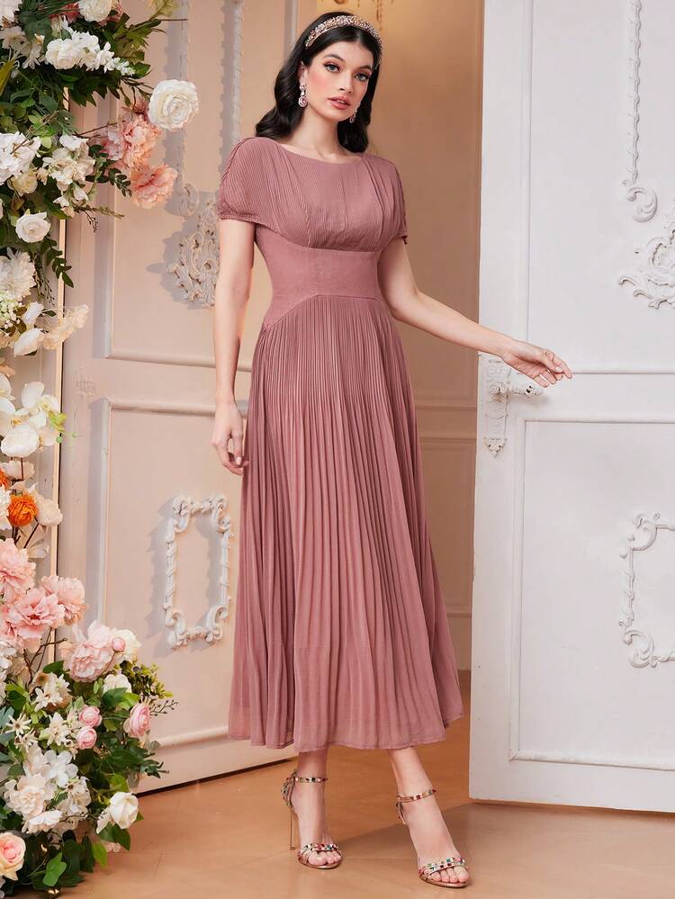 Solid Color Pleated Dress