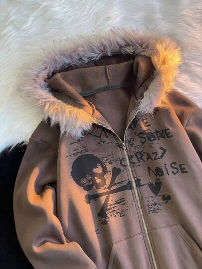 Comfortcana Retro Style Brown Grunge Skull & Letter Graphic Drop Shoulder Fuzzy Trim Hoodie,Long Sleeve Tops Graduation,Back To School Outfits,Graduation,Teacher Outfits For Women,Back To School In Fall/Winter