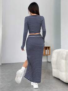 SHEIN EZwear Của phụ nữ Sọc Đan Tay áo dài Áo & Chân Váy xẻ Bộ - Xanh và trắng - Xem 2