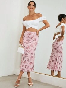 Firerie 女士浪漫印花鱼尾荷叶边弹力网纱半身裙