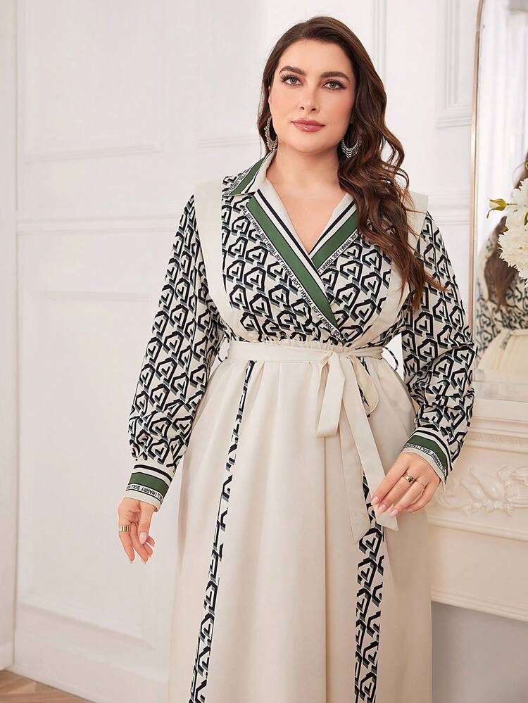 Plus Size Colorblock Geometric Panel Long Sleeve Belted Two-In-One Dress