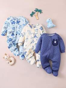 SHEIN Em bé Con trai 3 miếng In Khủng long Có chân Khóa kéo-lên Ngủ & Chơi - Nhiều màu - Xem 1