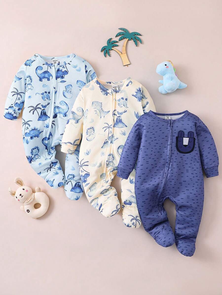 SHEIN Em bé Con trai 3 miếng In Khủng long Có chân Khóa kéo-lên Ngủ & Chơi - Nhiều màu - Xem 1