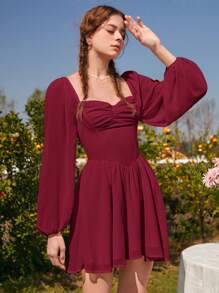 SHEIN MOD Pleated Bust Lantern Sleeve Red Date Night Dress - Burgundy - View 6