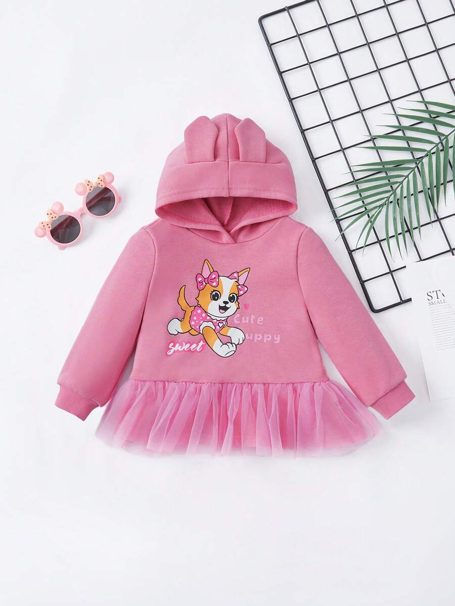 SHEIN Baby Girls' Cute Puppy Pattern Mesh Contrast Sweatshirt - Pink - View 1