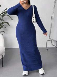 SHEIN EZwear Plus Size Women's Long Sleeve Ribbed Dress - Royal Blue - View 1