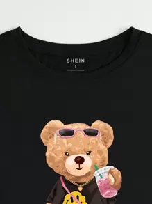 SHEIN Camiseta de mujer de manga corta con diseño estampado de oso de peluche, blusas para mujeres - Negro - Ver 4