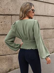 SHEIN Clasi 女性v領提花袖包身衬衫 - 綠色 - 查看 2