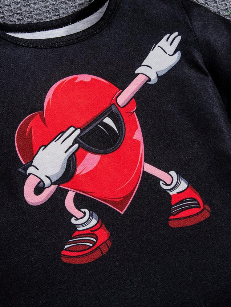 Heart Print Round Neck Short Sleeve Casual T-Shirt For Young Boys