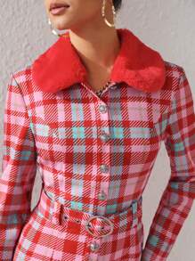 Simone Rogers Plaid Print Belted Wide Leg Jumpsuit - Multicolor - View 8