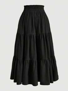 女士纯色层叠荷叶边弹力腰度假裙