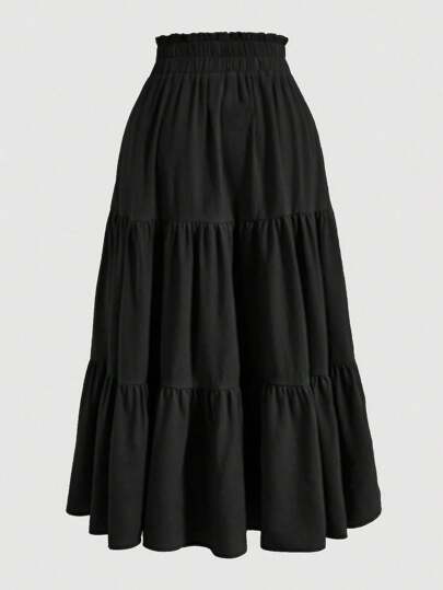 Falda De Vacaciones Con Estampado Floral, Pliegues Abultados En Capas Y Cintura Elástica