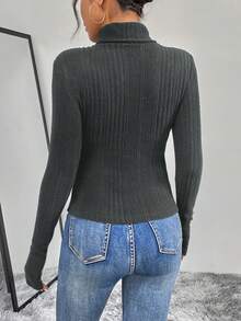 SHEIN Essnce Women's High Neck Ribbed Long Sleeve T-Shirt - Dark Grey - View 2