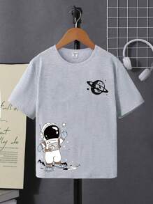 SHEIN Junge In Der Pubertät 1 Stück Basic T-shirt Mit Rundhals Und Astronaut Cartoon Muster Druck
