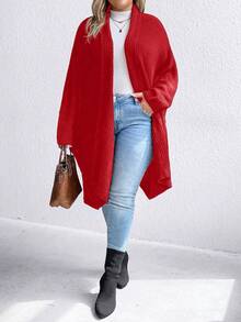 SHEIN CURVE+ Plus Size Solid Color Batwing Sleeve Cardigan - Red - View 3