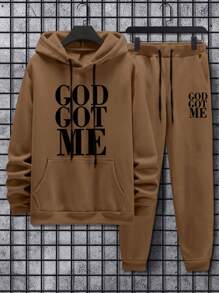 SHEIN Manfinity EMRG Men's Slogan Print Hoodie And Jogger Pants Set - Coffee Brown - View 2