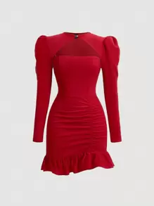 SHEIN MOD Women's Puff Sleeve And Ruffle Hem Dress - Red - View 1