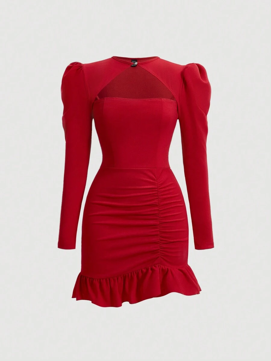 SHEIN MOD Women's Puff Sleeve And Ruffle Hem Dress - Red - View 1