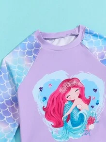 Young Girl Fish Scale Pattern Printed Long Sleeve Bikini Set - Pink - View 3