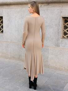 SHEIN Frenchy Asymetric Hem Long Sleeve Slim Fit Casual Dress Winter Elegant Brown Evening Dress